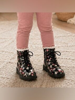 THE CHILDREN'S PLACE Combat Boots Toddler sz 7 Black Pink  Roses Zip & Lace Up